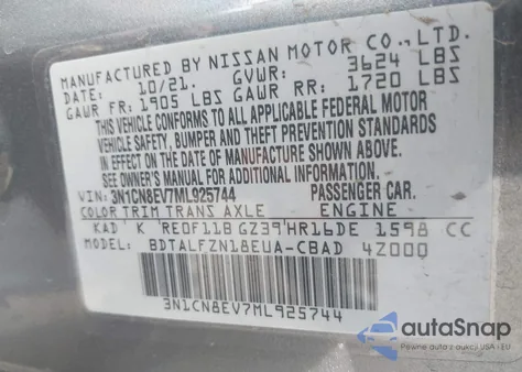 2021 Nissan Versa Sv Xtronic Cvt z USA, uszkodzony, nr VIN 3N1CN8EV7ML925744